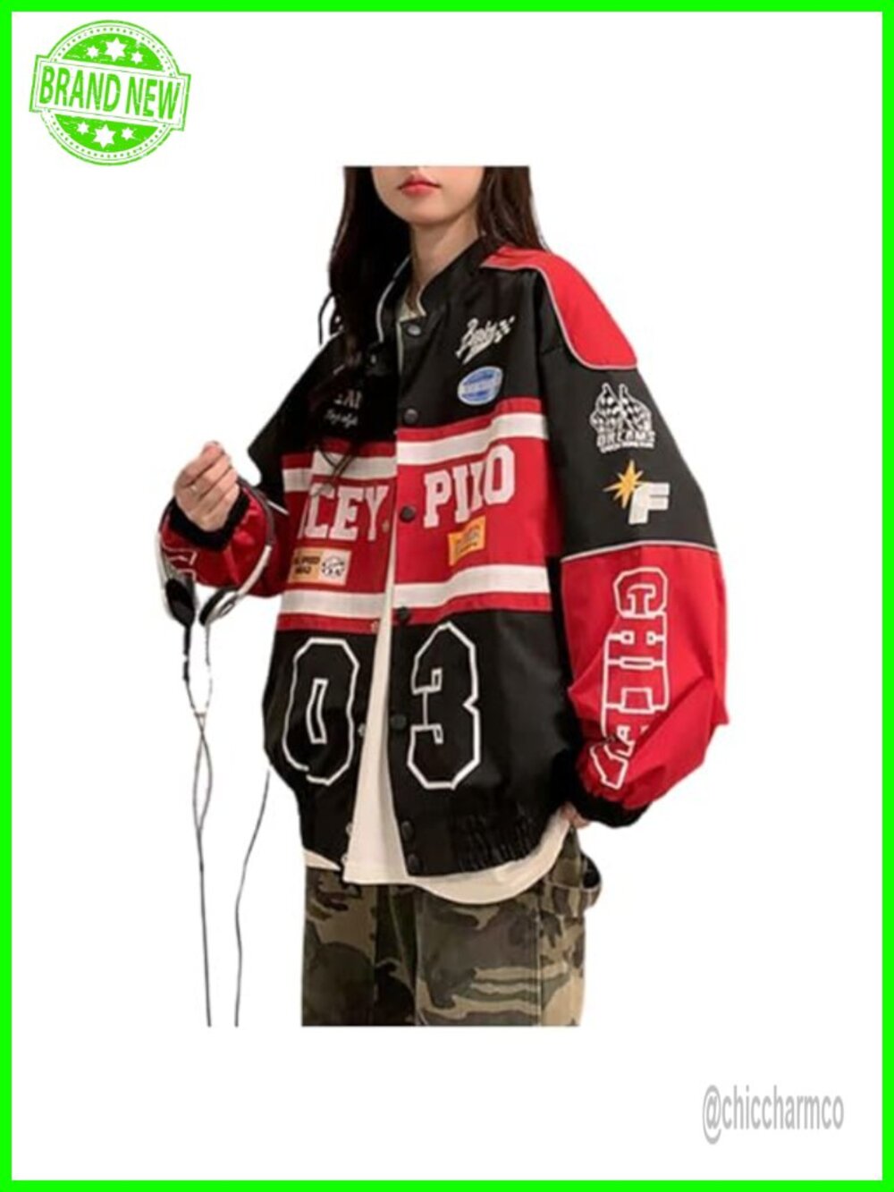 Women's Varsity Jacket Long Sleeve Patchwork Bomber Letterman Coat Y2K